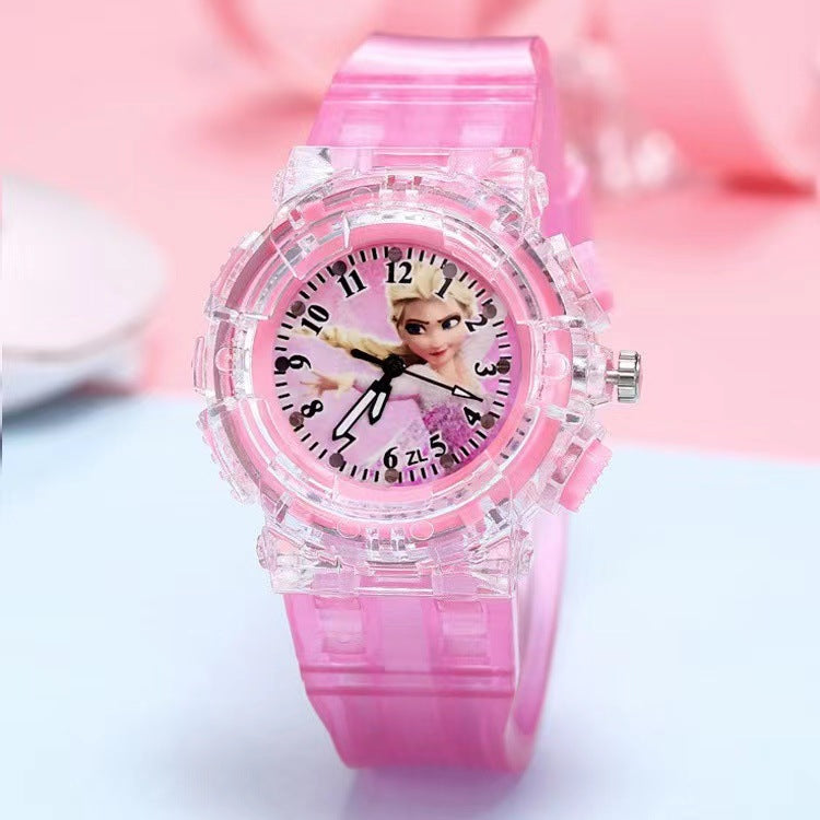 In-stock, kids' light-up watch featuring princess su and princess sha, with colorful flashing lights – the perfect gift for girls!