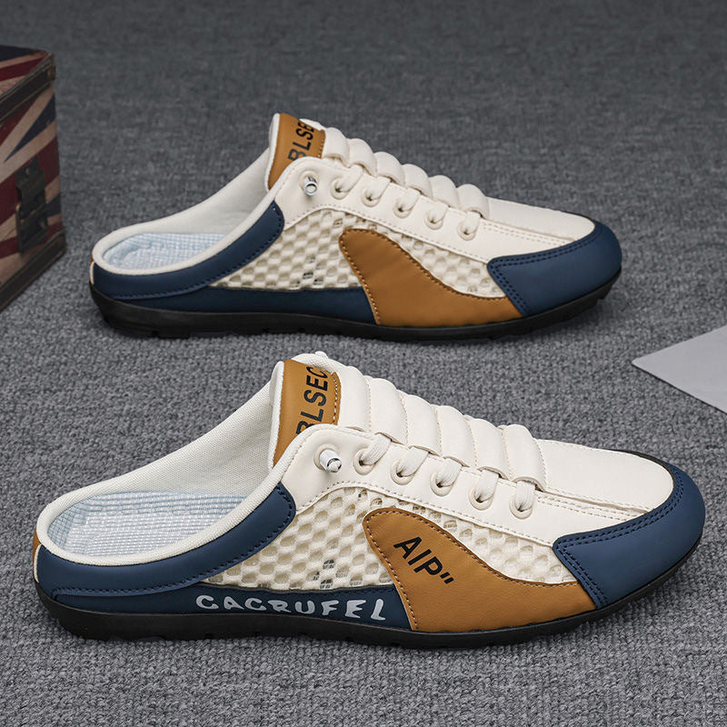 Hollow plus size shoes men's summer mesh half slippers men's one-leg outdoor lazy shoes breathable beanie men's shoes