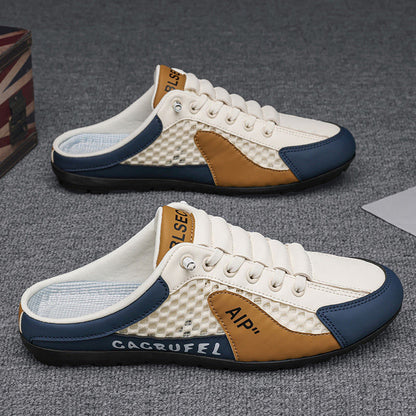 Hollow plus size shoes men's summer mesh half slippers men's one-leg outdoor lazy shoes breathable beanie men's shoes