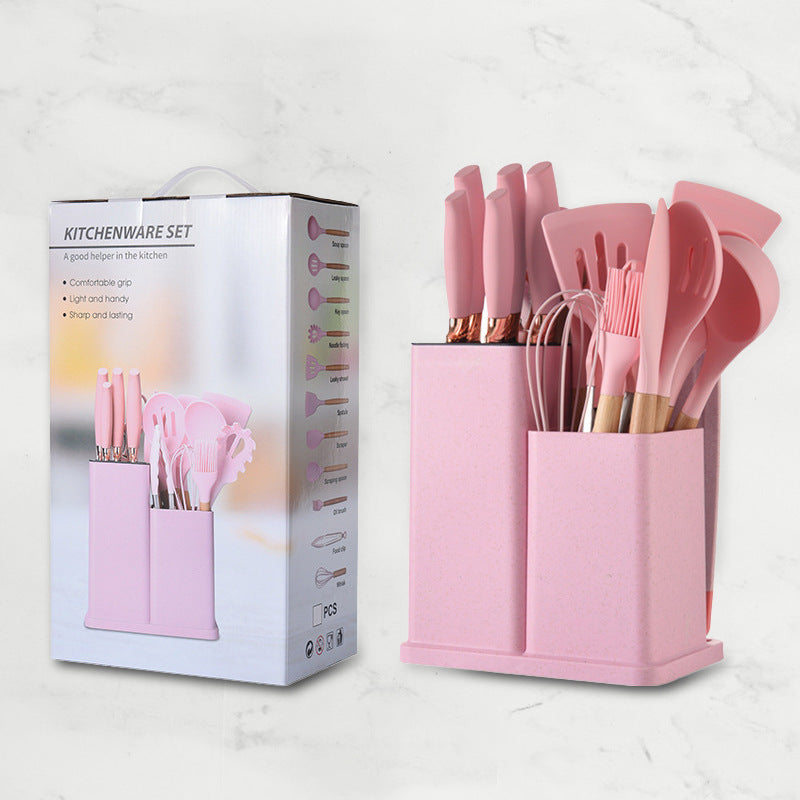 Silicone kitchenware 19-piece set, non-stick pan, silicone spatula, spoon, kitchen utensils, knife suit with storage bucket