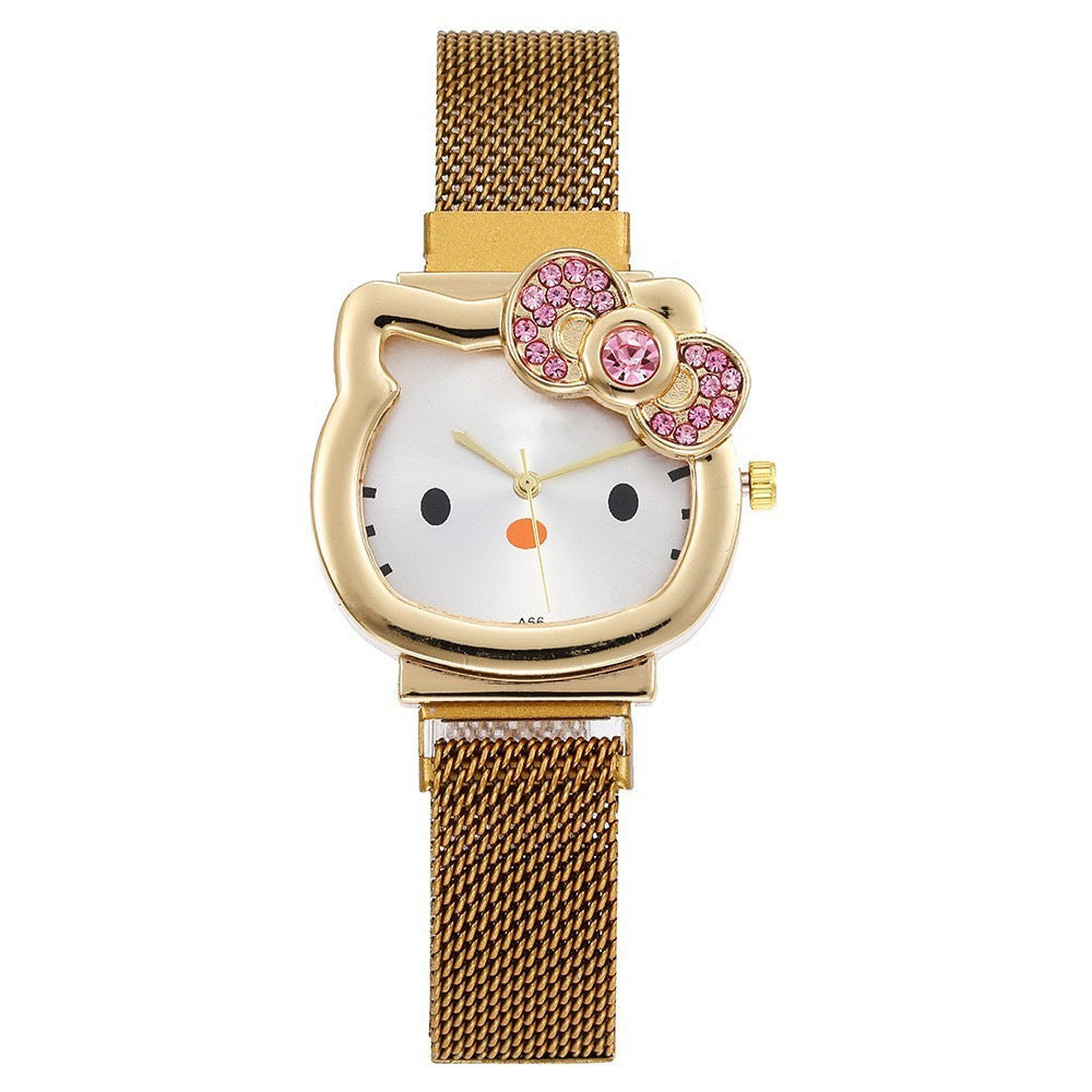 Kidscutehellokt pink diamond milan with watch fashion female kitty cat magnet bracelet quartz watch
