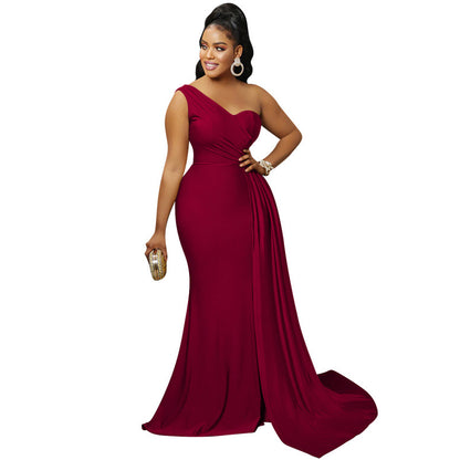 2026 new fashionable and elegant solid color party tight single rotator sleeve temperament dress long dress