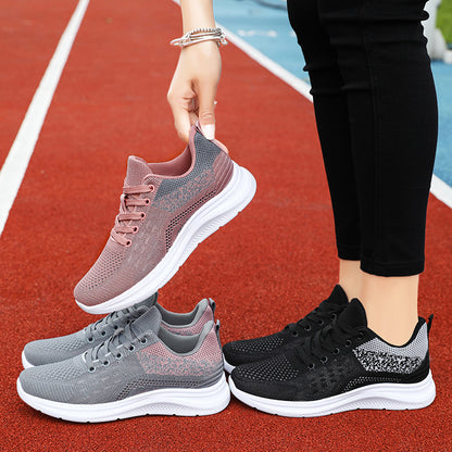 Jinshiyuan |   Women's shoes, shallow sports shoes, fly-woven breathable mesh shoes, running shoes, plaidflats
