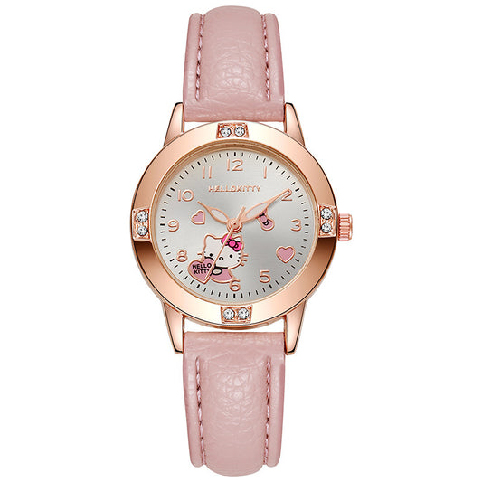 Rose gold diamond-studded leather strap watch - women's quartz watch for middle school students - cross-border wholesale watch supply