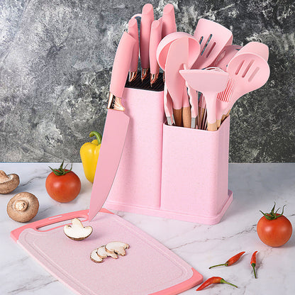 Silicone kitchenware 19-piece set, non-stick pan, silicone spatula, spoon, kitchen utensils, knife suit with storage bucket