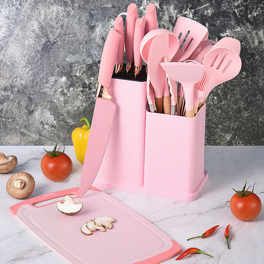Silicone kitchenware 19-piece set, non-stick pan, silicone spatula, spoon, kitchen utensils, knife suit with storage bucket