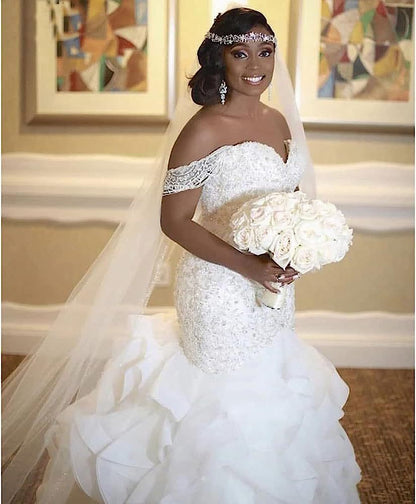 African-inspired mermaid wedding dress - new 2026 off-the-shoulder lace appliqué, cinched waist mermaid gown