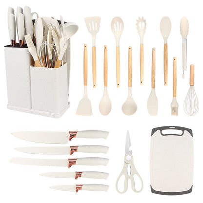 Silicone kitchenware 19-piece set, non-stick pan, silicone spatula, spoon, kitchen utensils, knife suit with storage bucket
