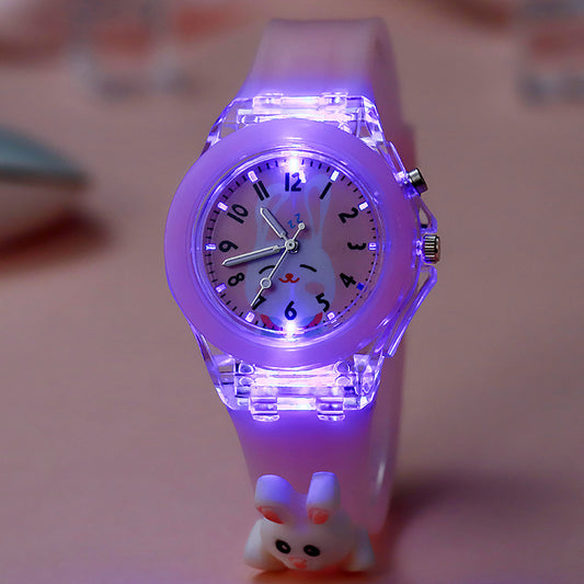 Wholesale new cartoon kids' watches for elementary school students - colorful flashing light, luminous watch with plush figure, silicone electronic watch