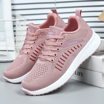 Women's spring sneakers: soft sole, flyknit running shoes, lace-up versatile flats, breathable mesh casual shoes, fashionable women's footwear