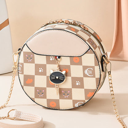 2026 new trendy fashion shoulder chain commuter small round bag printed plaid tiktok influencer girl's small round bag