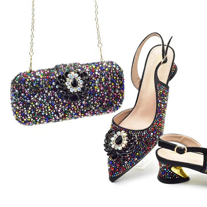 The party is matched with big flash diamond decorative high-heeled sandals and hard box gem handbag set full of diamonds high-heeled shoes.