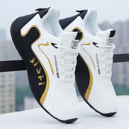 Cross-border men's leather waterproof sneakers, korean style trendy comfortable white shoes, hidden wedge soft sole casual shoes for men