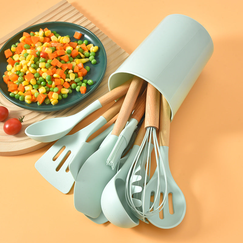 12-piece silicone cooking utensil set with wooden handles - non-stick pots, spatulas, spoons, and high-temperature resistant silicone kitchen tools