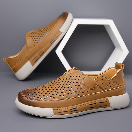 Men's Summer New Style Slip-on Openwork Sneakers, High-Quality Casual Leather Shoes with Soft Sole and Breathable Texture