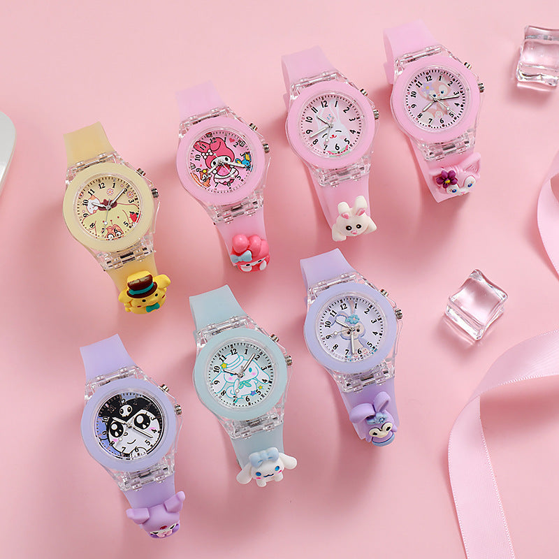 Wholesale new cartoon kids' watches for elementary school students - colorful flashing light, luminous watch with plush figure, silicone electronic watch