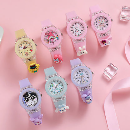 Wholesale new cartoon kids' watches for elementary school students - colorful flashing light, luminous watch with plush figure, silicone electronic watch