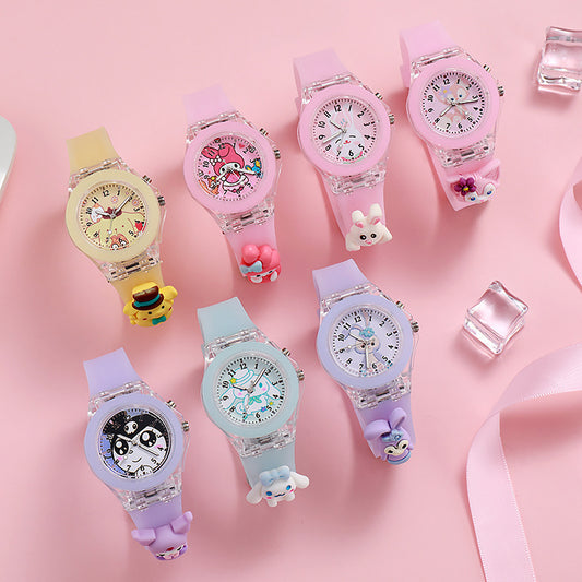 Wholesale new cartoon kids' watches for elementary school students - colorful flashing light, luminous watch with plush figure, silicone electronic watch