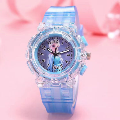 In-stock, kids' light-up watch featuring princess su and princess sha, with colorful flashing lights – the perfect gift for girls!