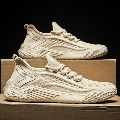 Soft-soled men's shoes, new for spring/summer 2025. flyknit mesh sneakers, breathable running and casual athletic shoes. lightweight knitted trendy footwear