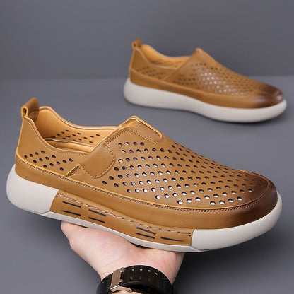 Men's Summer New Style Slip-on Openwork Sneakers, High-Quality Casual Leather Shoes with Soft Sole and Breathable Texture