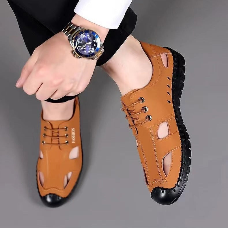 Men's summer sandals: soft sole, soft upper, beach shoes, casual breathable driving shoes, anti-slip leather round toe shoes for men (cross-border)