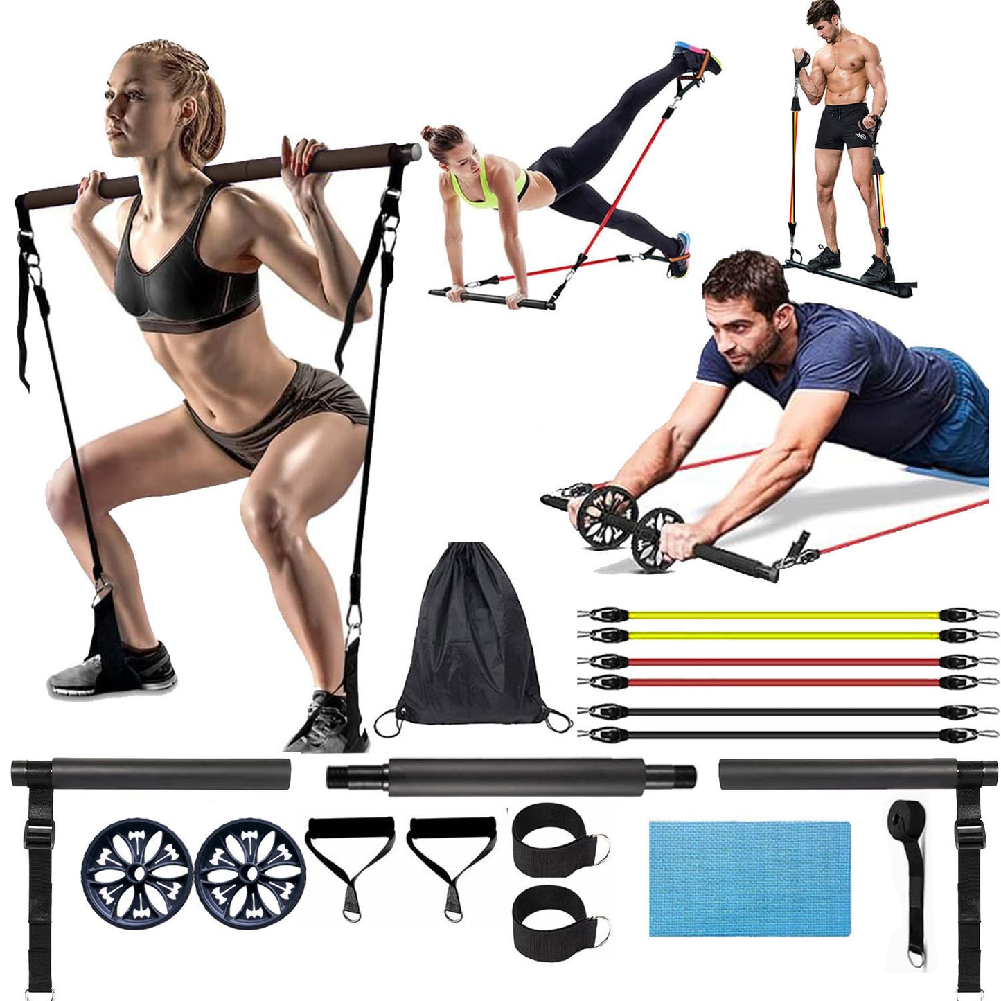 Multi-functional pilates stick - home use, unisex, strength training, body sculpting, arm & leg slimming resistance band fitness set