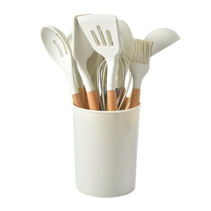 12-piece silicone cooking utensil set with wooden handles - non-stick pots, spatulas, spoons, and high-temperature resistant silicone kitchen tools