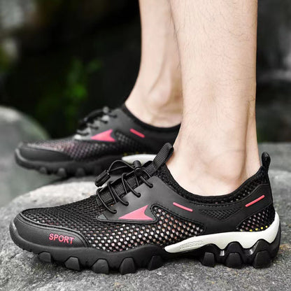Mesh shoes for men 2025 soft bottom non-slip outdoor hiking shoes breathable elastic band one-legged hole shoes