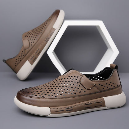 Men's Summer New Style Slip-on Openwork Sneakers, High-Quality Casual Leather Shoes with Soft Sole and Breathable Texture
