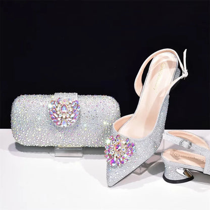 The party is matched with big flash diamond decorative high-heeled sandals and hard box gem handbag set full of diamonds high-heeled shoes.