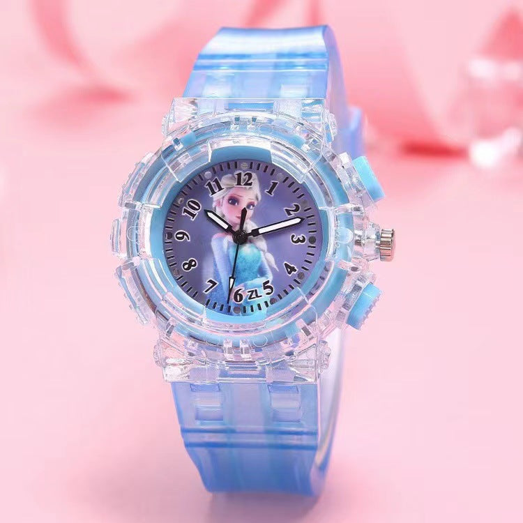 In-stock, kids' light-up watch featuring princess su and princess sha, with colorful flashing lights – the perfect gift for girls!
