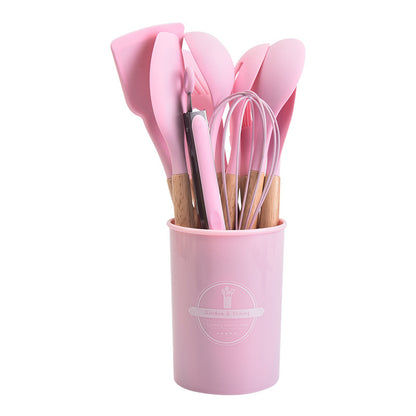 12-piece silicone cooking utensil set with wooden handles - non-stick pots, spatulas, spoons, and high-temperature resistant silicone kitchen tools