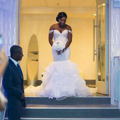 African-inspired mermaid wedding dress - new 2026 off-the-shoulder lace appliqué, cinched waist mermaid gown