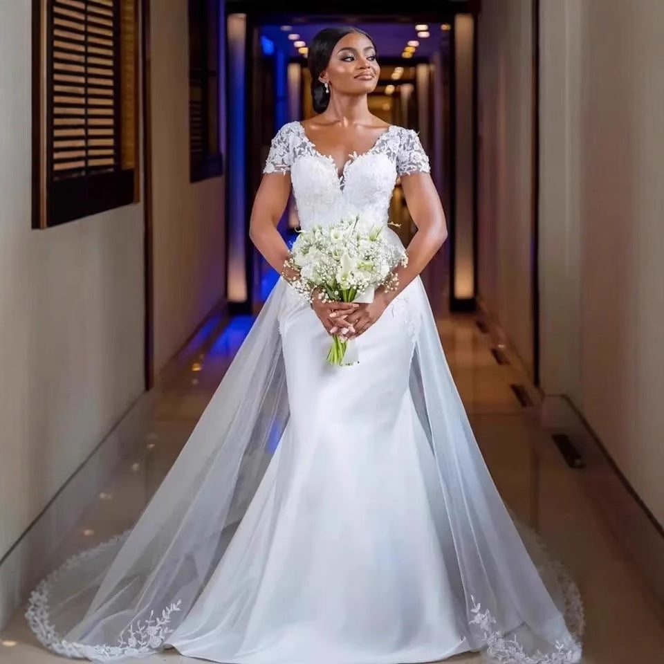 European and american train wedding dress bridal wedding mermaid waist wedding dress high-end outdoor church wedding dress