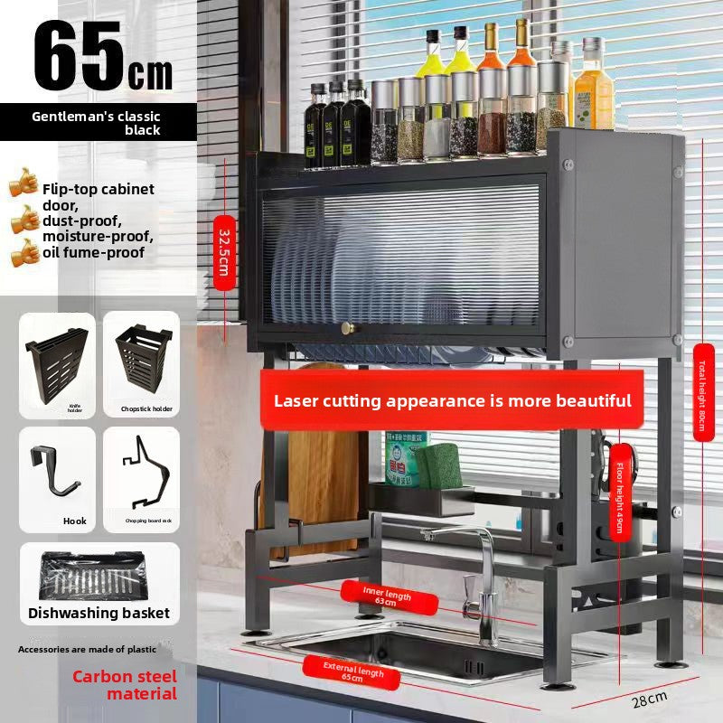 Kitchen sink with cover rack dustproof with cabinet door bowl plate seasoning storage rack pool water control increased drain rack