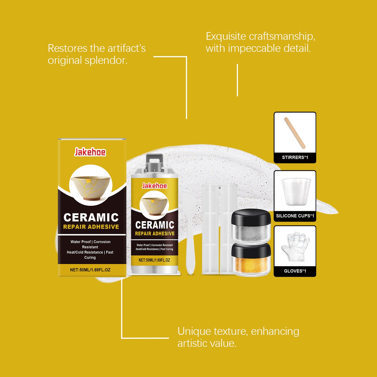 JAKEHOE ceramic repair set, gold repair glue deep bonding broken porcelain glass cracks artistic texture