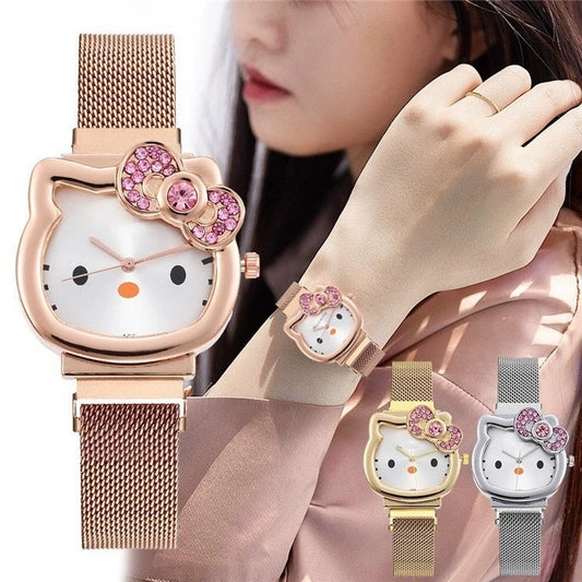 Kidscutehellokt pink diamond milan with watch fashion female kitty cat magnet bracelet quartz watch