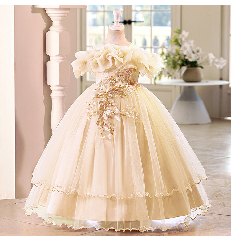Children's one-shoulder tulle princess dress - perfect for weddings, banquets, piano recitals, and parties