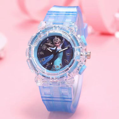 In-stock, kids' light-up watch featuring princess su and princess sha, with colorful flashing lights – the perfect gift for girls!
