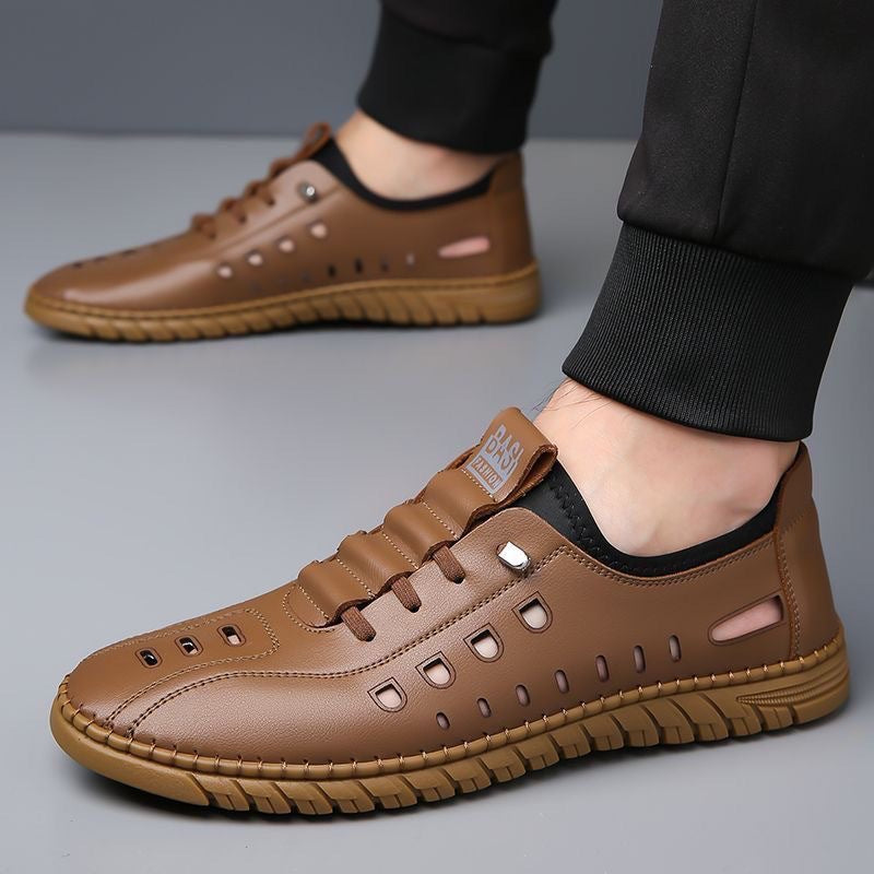 Hollow casual leather shoes men's summernew arrival breathable mesh hole shoes one-leg flat shoes men's cross-border wholesale