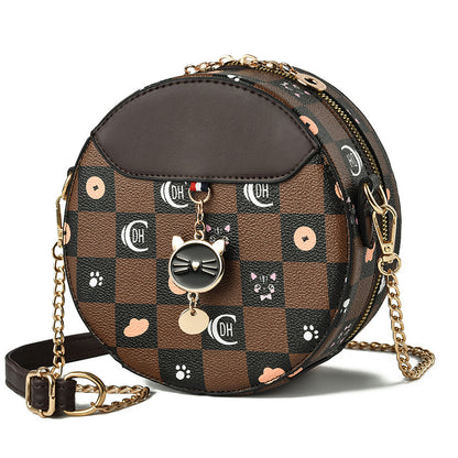 2026 new trendy fashion shoulder chain commuter small round bag printed plaid tiktok influencer girl's small round bag