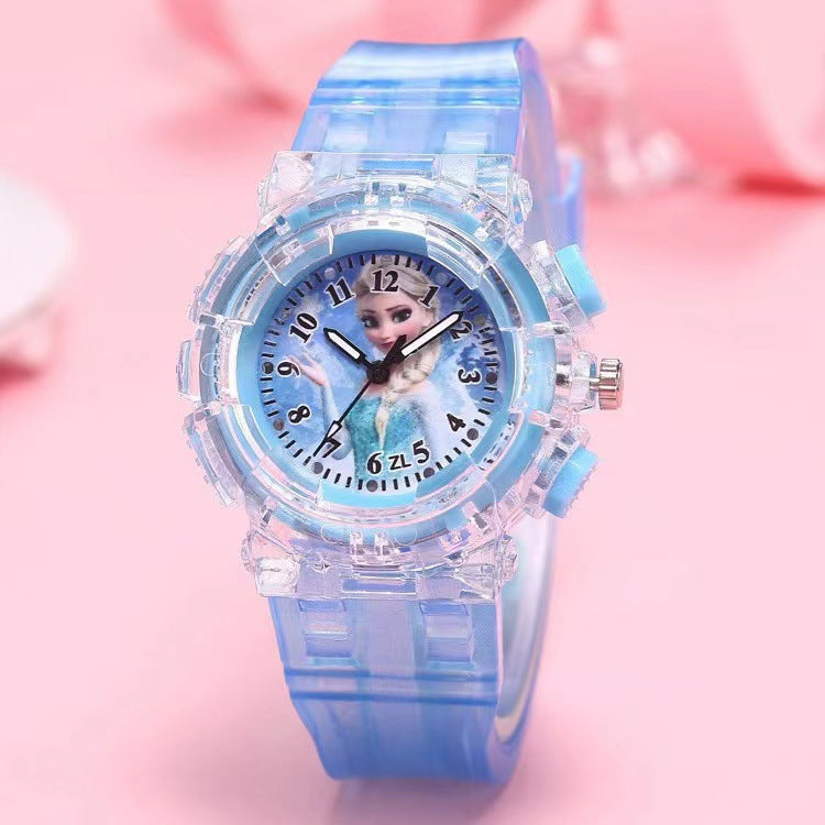 In-stock, kids' light-up watch featuring princess su and princess sha, with colorful flashing lights – the perfect gift for girls!