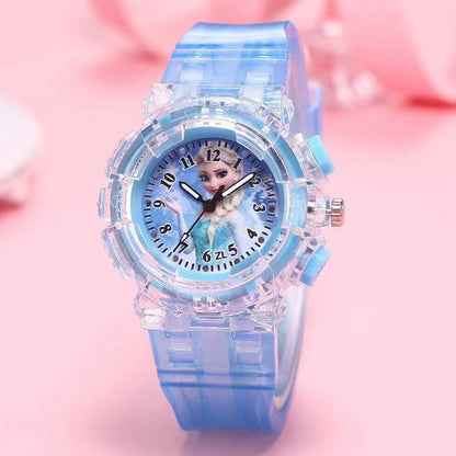 In-stock, kids' light-up watch featuring princess su and princess sha, with colorful flashing lights – the perfect gift for girls!