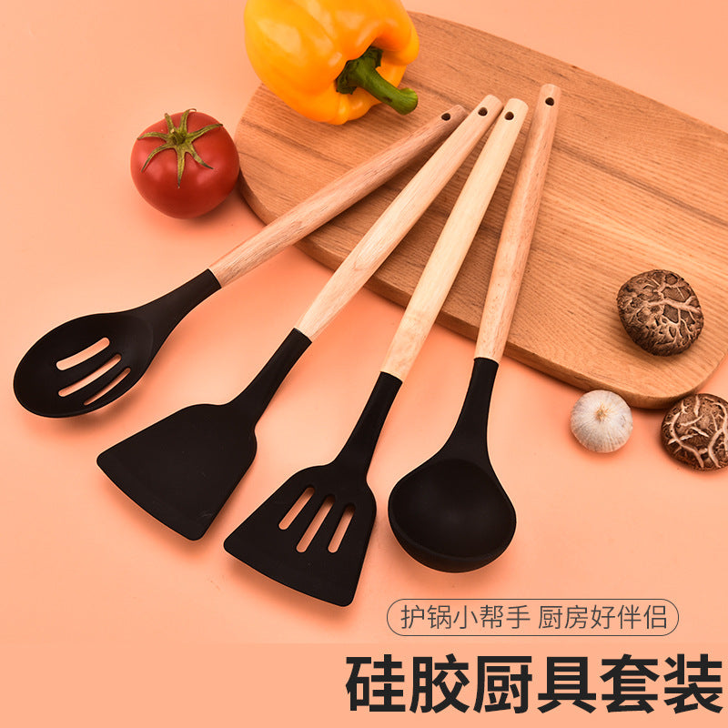 12-piece silicone cooking utensil set with wooden handles - non-stick pots, spatulas, spoons, and high-temperature resistant silicone kitchen tools