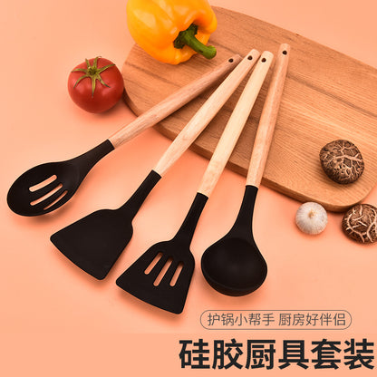 12-piece silicone cooking utensil set with wooden handles - non-stick pots, spatulas, spoons, and high-temperature resistant silicone kitchen tools