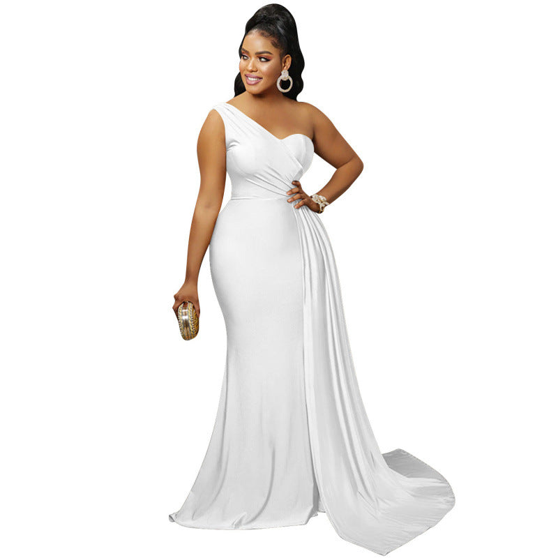 2026 new fashionable and elegant solid color party tight single rotator sleeve temperament dress long dress