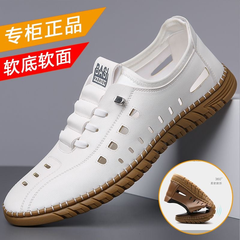 Hollow casual leather shoes men's summernew arrival breathable mesh hole shoes one-leg flat shoes men's cross-border wholesale