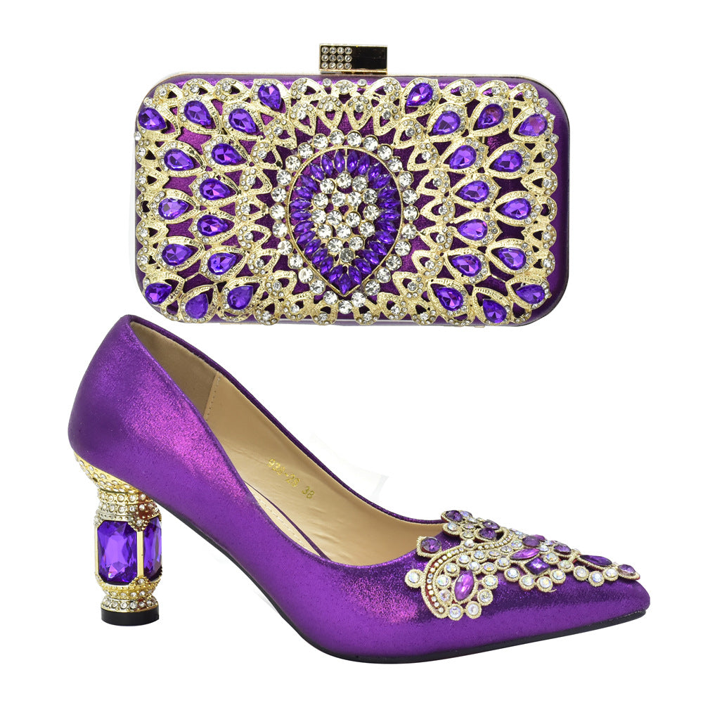 Diamond-encrusted thick-heeled sandals with dinner bag set Italian fashion design rhinestone evening bag set