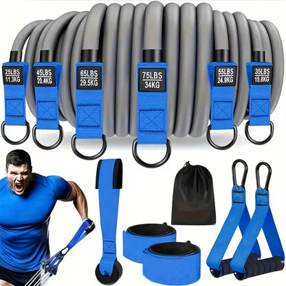 Cross-border best-selling 12-piece set of tension rope fitness equipment tensioner suittpe latex elastic rope elastic band
